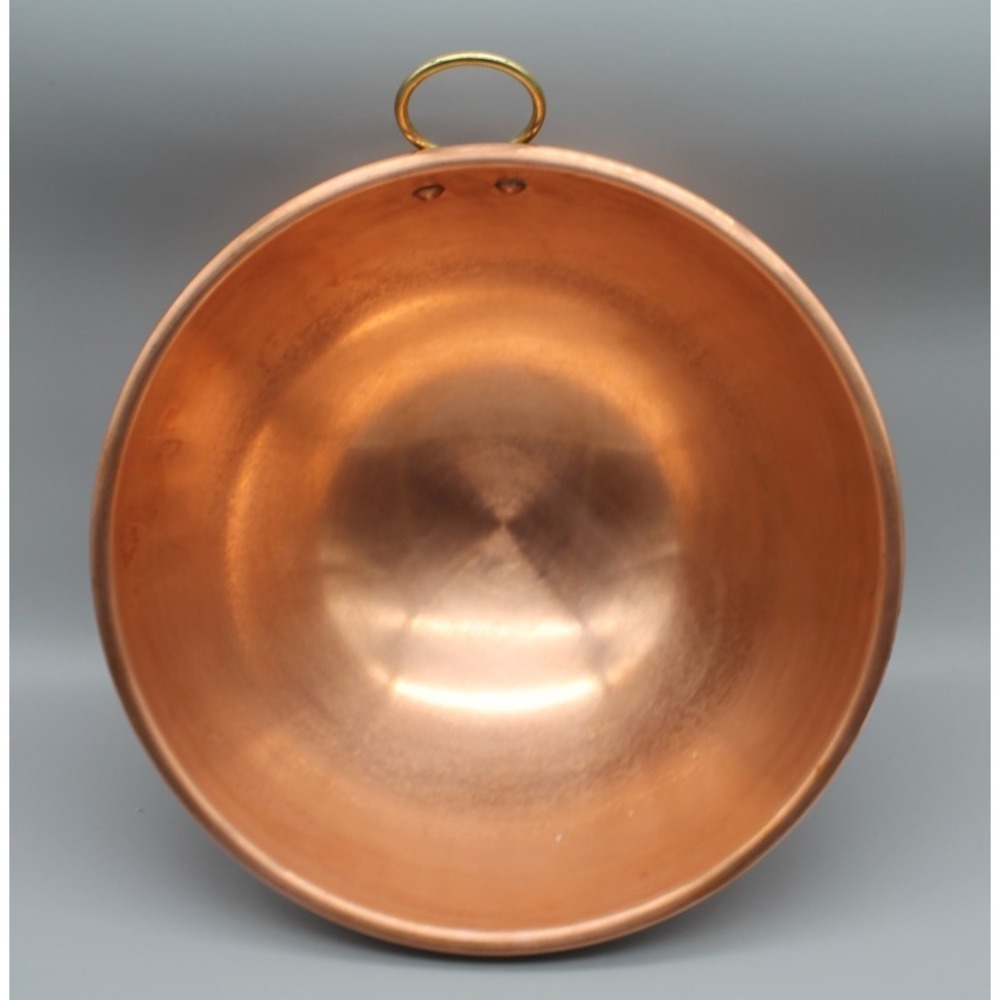 Vintage French Copper Egg White Beating Bowl 12" Brass Ring Handle France